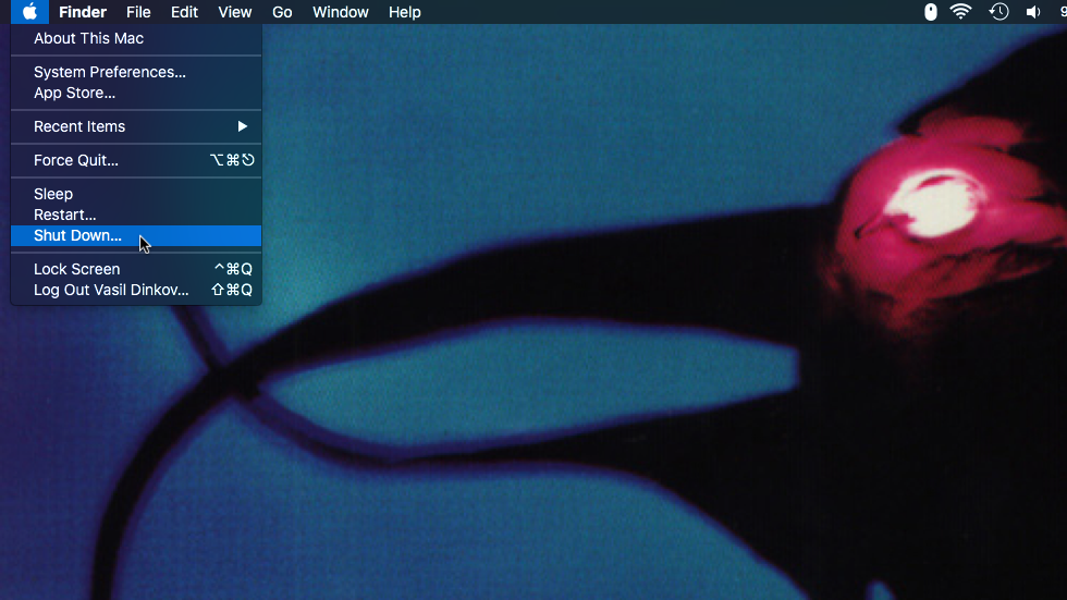 Cursor over a macOS Shut Down... menu option